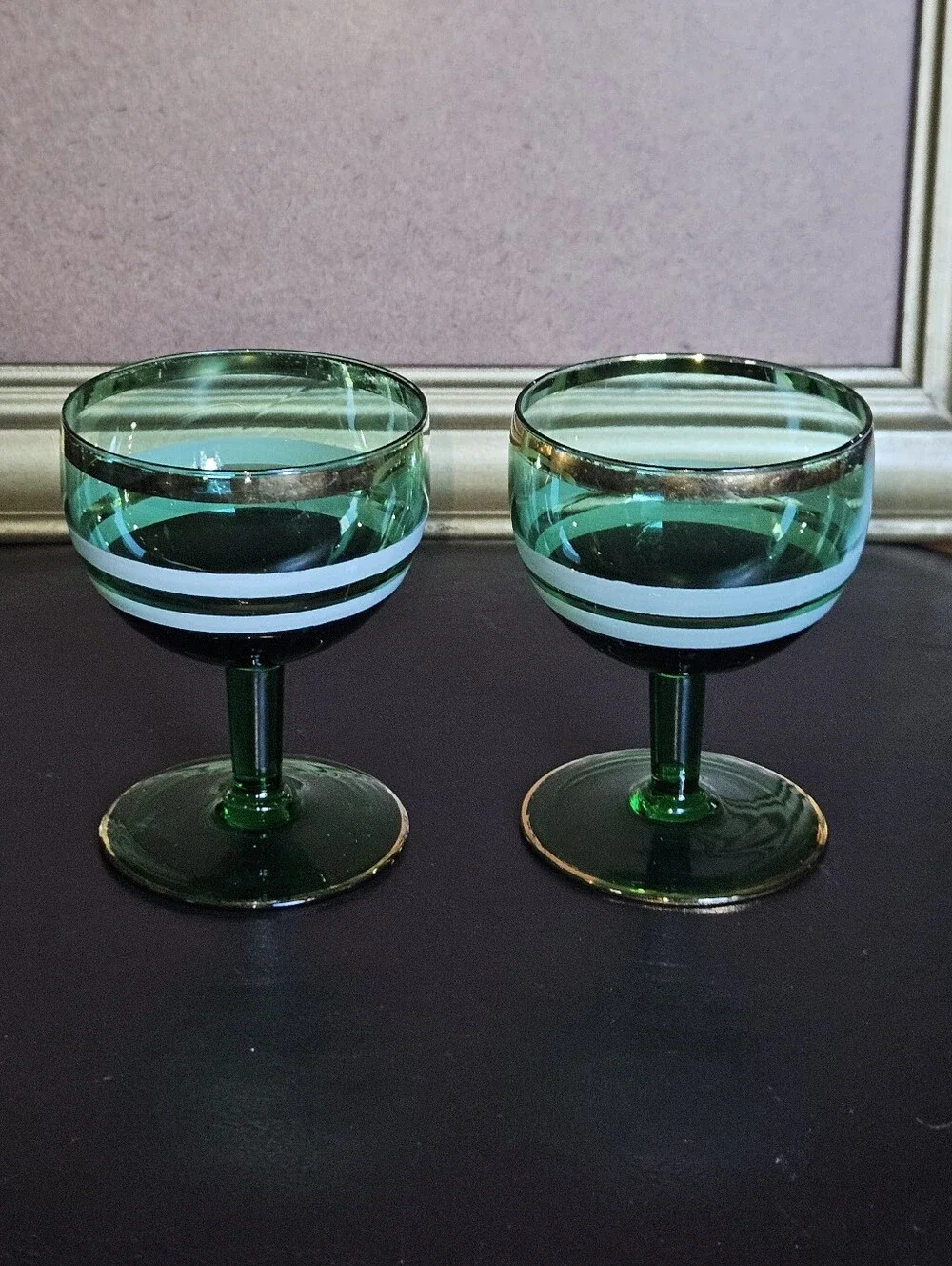 Vintage Emerald Green Coupe Glasses with White Stripe and Gold Trim- Set of 2